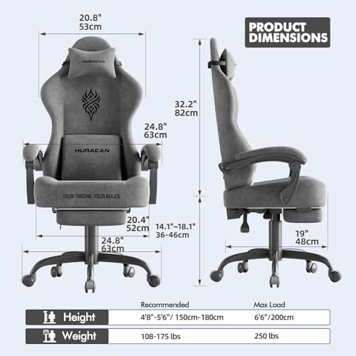 Ferghana Velvet Fabric Gaming Chair - 20.5″ Wider Seat Cushion, Fire Embroidery, Ergonomic High Back Game Chair with Footrest | Computer Chair with Massage Lumbar Support for Adult, Gray - Image 3