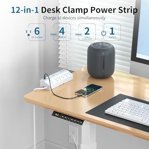 40W Fast Charging Station, Desk Clamp Power Strip 10FT Extension Cord, JXGUCAT Removable Desk Mount Flat Plug Power Strip Surge Protector, 2 USB-C Ports, 6 Outlets, Fits 1.8" Tabletop Edge - Image 3