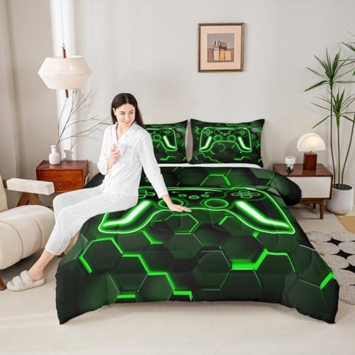 Erosebridal Gamer Comforter Set Neon Honeycomb Gaming King Bedding Set, Game Boy Games Comforter Green Hexagon Lights Duvet Insert,Boys Bedroom Decor - Image 3