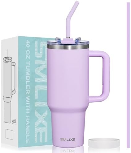 40 oz Tumbler with Handle and Straw Lid,Insulated Reusable Stainless Steel Water Bottle Travel Mug，Cupholder Friendly Double Wall Vacuum Sealed Cup (Lavender Purple) by smlixe