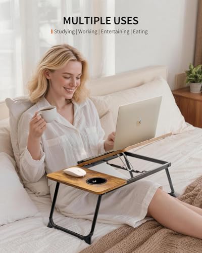 FISYOD Foldable Laptop Desk for Bed Couch, Adjustable Split Lap Desk with Cup Holder, Portable Lightweight Bed Table Tray, Heavy-Duty Laptop Stand for Working, Writing, Reading and Eating - Brown - Image 4