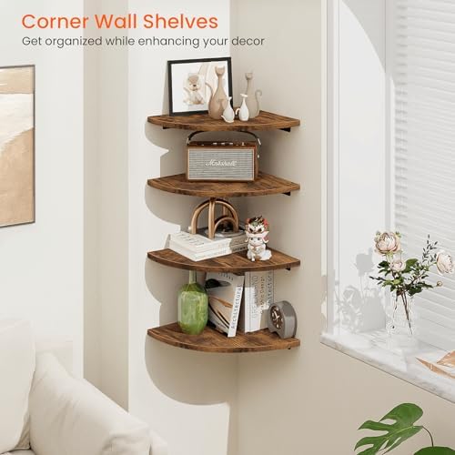 Homode Corner Wall Shelf, 12 Inch Wide Wooden Corner Floating Shelves with Cord Hole, Set of 4 Round Corner Hanging Storage Shelving for Bathroom Living Room Small Spaces, Rustic Brown - Image 5