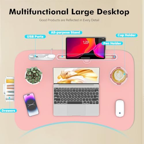 Lap Desk for Bed Adjustable Height, Foldable Bed Table with Storage Drawer, Tablet Slot & Cup Holder, Portable Laptop Stand for Bed & Sofa, Bed Desk for Adults & Kids, Pink - Image 5