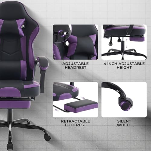 Gaming Desk Chair for Adults, Ergonomic Gaming Chair (Purple+Black) | with Footrest & Headrest and Lumbar Support, Leather Material Height Adjustable computer Video Game Chairs - Image 5