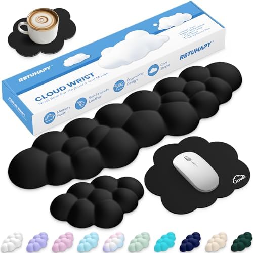 Cloud Wrist Rest Keyboard Cushion and Cloud Mouse Pad, Black | 4-in-1 Ergonomic Cloud Keyboard Wrist Rest Set, Memory Foam, Arm Support for Palm, Cute Desk Accessory for PC Gaming Setup by Unknown
