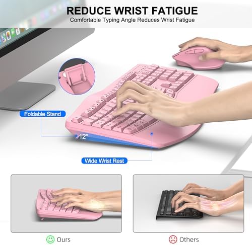 Wireless Keyboard and Mouse Combo, 2.4G Full Size Wave Keys Ergonomic Keyboard with Wrist Rest and 3-Level DPI Adjustable Wireless Ergonomic Mouse for Windows, Mac OS Desktop/Laptop/PC(Pink) - Image 3