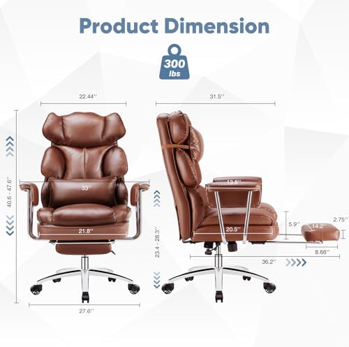 DUMOS Ergonomic Home Office Desk Chair, Executive Chair, PU Leather | Big Tall High Back, Lumbar Support, Reclining Height Adjustable, Computer Gaming, Footrest Swivel Wheels, Brown - Image 2