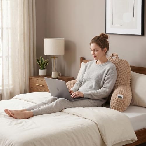 Reading Pillow with Arms for Bed Sitting,Khaki Flannel | Large Supportive Backrest with Arms Helps Ease Neck,Shoulder & Arm Strain While Gaming Reading or Watching TV - Image 2