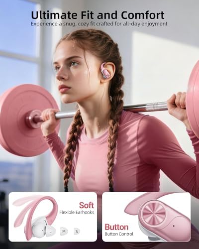 PocBuds Bluetooth Headphones Wireless Earbuds 80hrs Playtime Wireless Charging Case Digital Display Sport Ear Buds with Earhook Deep Bass IPX7 Waterproof Over-Ear Earphones for Phone Laptop Rose Gold - Image 6