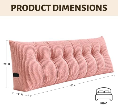 Wedge Reading Pillow Headboard King Size, Headboard Bolster Pillow for Bed, Triangular Backrest Cushion with Removable Corduroy Cover, Pink - Image 2