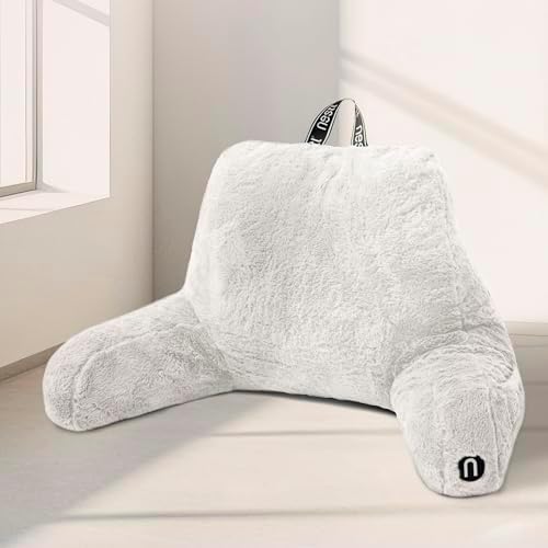 Nestl Fur Reading Pillow, Stylish Back Pillow for Bed Sitting Up, Faux Fur Bed Chair Pillow with Arms, Reading Pillows for Sitting in Bed Adult & Kids, Sit Up Back Support Pillow for Bed Rest - White by Nestl