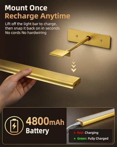 EZVALO Picture Light for Wall, 4800mAh Rechargeable Wireless Remote, 16‘’ Dimmable Magnetic LED Art Display Light with 3 Color Temperatures, for Gallery, Living Room, Bedroom, Hallway (Gold) - Image 3