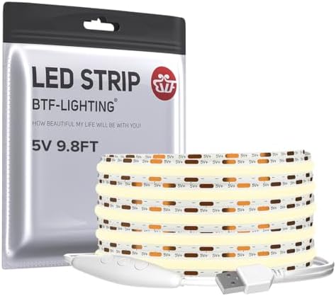 BTF-LIGHTING 5V USB COB LED Strip Lights 9.8FT Natural White 4000K by BTF-LIGHTING