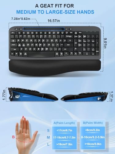Hayyiesh Ergonomic Wave Keys Wireless Keyboard and Mouse Combo, Full Size with Memory Foam Wrist Rest & Phone Holder, 2.4G Cordless Set with USB-C Adapter for Windows Mac Desktop Laptop (Black) - Image 2