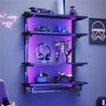 kepptory 24" Foldable Gaming Floating Shelves with LED Lights, 4 Tier Display Rack with Adjustable Shelf, Wall Mounted Shelf with Hanging Rod and 8 S-Hooks for Gaming Room, Black by kepptory