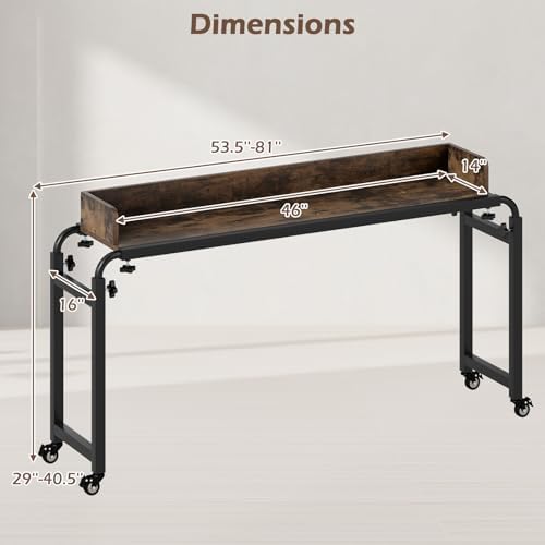 Tangkula Overbed Table with Wheels, Queen Size Mobile Bed Desk with Adjustable Height & Length, Rolling Computer Desk with Metal Frame, Laptop Cart for Bedroom, Living Room, Hospital (Rustic Brown) - Image 5