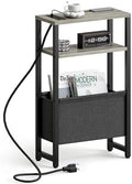Narrow Side Table with Charging Station Slim End Table Sofa with Magazine Rack, Bedside Table for Small Spaces, 3 Tier Nightstand for Living Room Couch, Bedroom Oak Grey LET503QE by IRCPEN