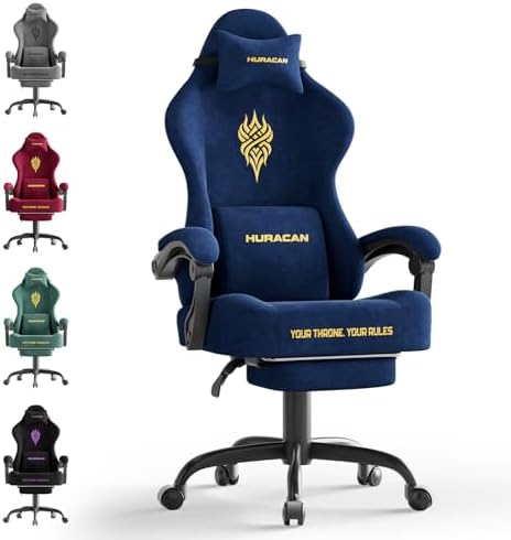 Ferghana Velvet Fabric Gaming Chair - 20.5″ Wider Seat Cushion, Fire Embroidery, Ergonomic High Back Game Chair with Footrest | Computer Chair with Massage Lumbar Support for Adult, Navy by FerghanaGamingChair