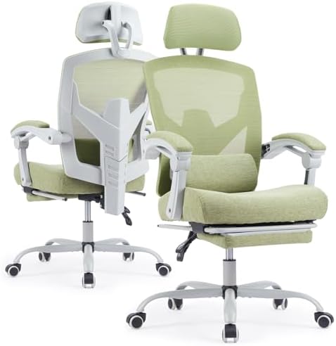 Ergonomic Office Chair with Footrest, Computer Gaming Chair | Adjustable Headrest, Lumbar Support, Swivel Reclining, Padded Armrest, Mesh High Back, Home Desk Work Study, Green by HAPPYMONTLLC