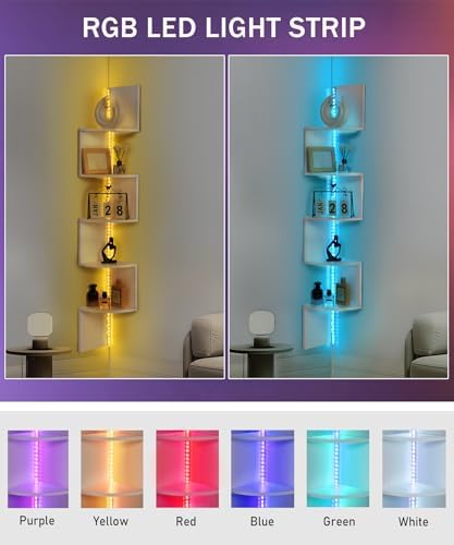 5 Tiers Corner Shelf with RGB LED Lights, 49.2" Wall Mount Floating Corner Display Shelf for Living Room Bedroom Home Office Decor, APP & Remote Control (White) - Image 2