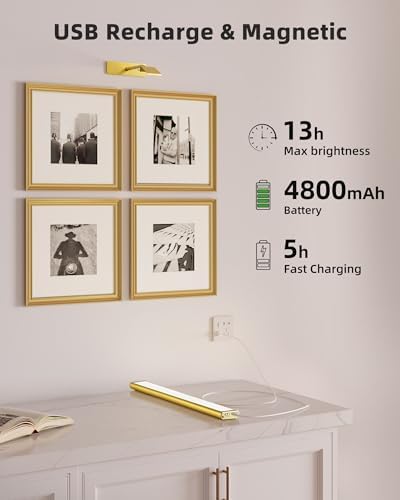 EZVALO Picture Light for Wall, 4800mAh Rechargeable Wireless Remote, 13‘’ Dimmable Magnetic LED Art Display Light with 3 Color Temperatures, for Gallery, Living Room, Bedroom, Hallway (Gold-2Pack) - Image 3