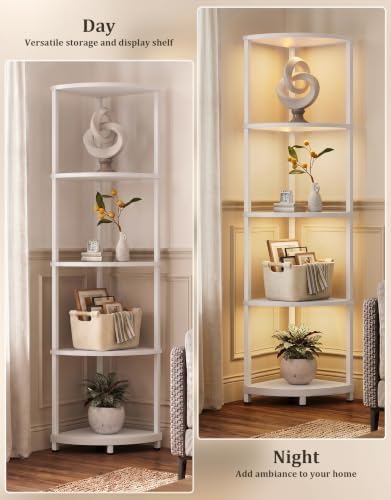 Corner Shelf with LED Light, 5 Tier Smart Color Changing Floor Lamp with Remote, 62" Display Shelf Bookshelf Narrow Storage Rack Standing Lamp for Living Room Bedroom Home Office Decor, White - Image 7
