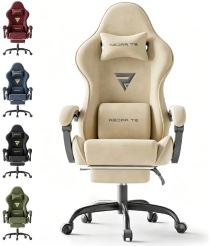 Ferghana Ergonomic Velvet Gaming Chair with Massage, Footrest & Reclining High Back, Racing Style Computer Desk Chair for Adults, Home Office Use, Beige by FerghanaGamingChair