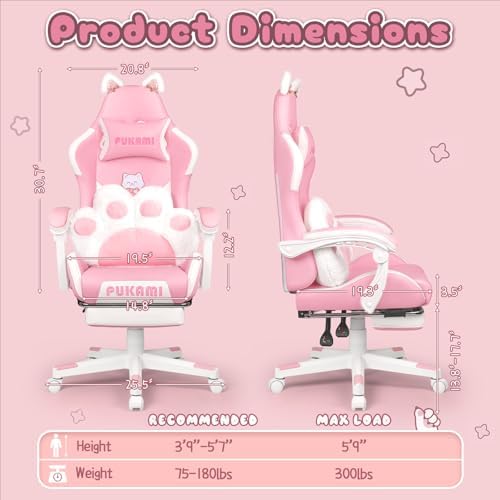 PUKAMI Pink Gaming Chair Cute with Cat Ears and Cat Paw Lumbar Cushion, Ergonomic Computer Chair for Girl with Footrest and Headrest, Comfortable Reclining PC Game Chair for Adult, Teen (Pink) - Image 2