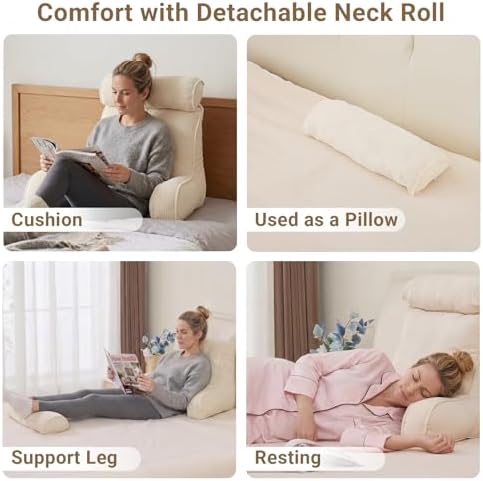 Reading Pillow for Bed with Detachable Neck Roll and Shredded Memory Foam, Back Pillow with Arms for Sitting Up, Washable Bed Rest Pillow with Side Pocket for Gaming, Sofa, Dorm - Beige - Image 7