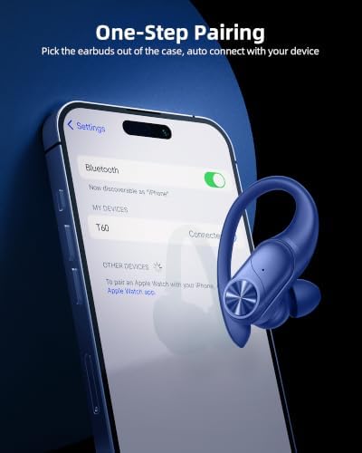 PocBuds Bluetooth Headphones Wireless Earbuds 80hrs Playtime Wireless Charging Case Digital Display Sports Ear Buds with Earhook Deep Bass IPX7 Waterproof Over-Ear Earphones for TV Phone Laptop Navy - Image 4