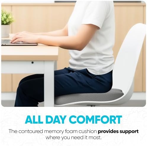 FORTEM Seat Cushion, Office Chair Cushion for Tailbone Sciatica Pain Relief | Memory Foam Pillow for Car | Ergonomic Design | Washable Cover | Non Slip | Grey - Image 4