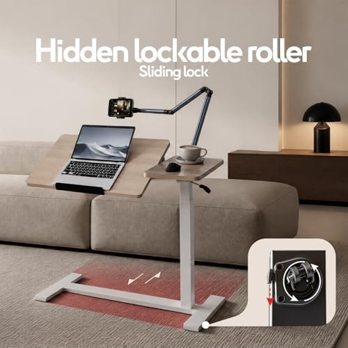 Adjustable Overbed Bedside Table with Wheels Pneumatic Mobile Standing Laptop Desk Rolling Computer Cart Movable Couch Desk Hospital Bed Table, Natural Wood - Image 4