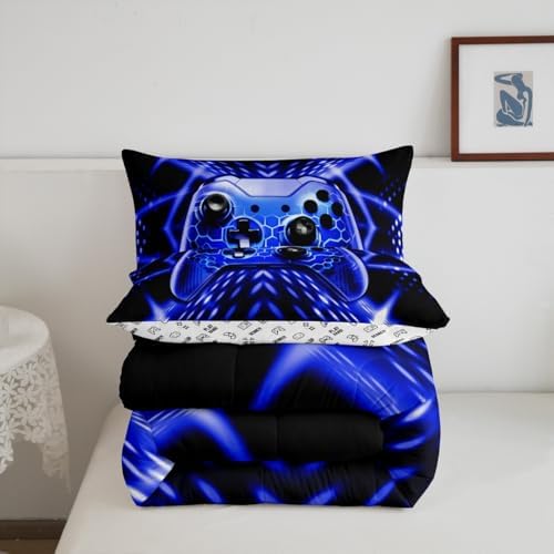Feelyou Kids Boys Gamer Comforter Set Gaming Bedding Set Toddler Size for Boys Teens 3D Blue Black Geometric Game Controller Duvet Quilt - Image 3