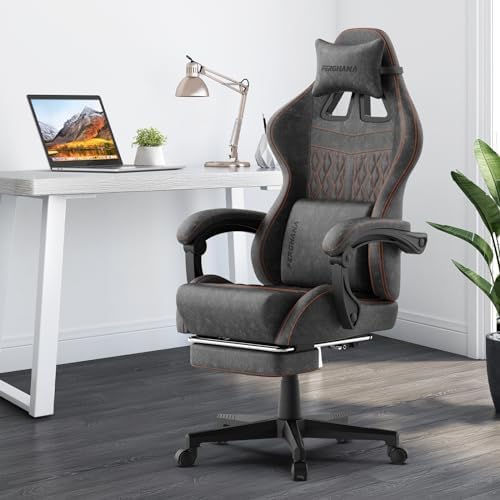 Ferghana Vintage PU Leather Gaming Chair, Ergonomic Gamer Chair with Massage, High Back Computer Office Chair with Footrest for Adults, Racing Style Reclining Video Game Chair (Grey) - Image 2