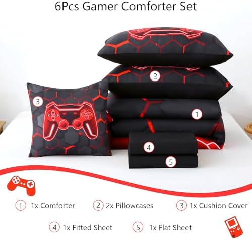 Black Red Full Size Boys Comforter Set 6-Piece Gaming Bed in A Bag 3D Video Games Bedding Set for Kids, Soft Lightweight Gamer Teen Boy Bed Comforter Sheet Set (Black Red, Full) - Image 3