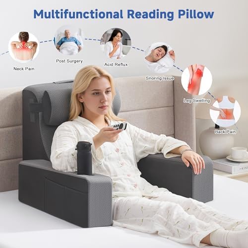 Reading Pillow for Bed, Back Pillow for Bed Sitting Up, Bed Pillows for Sitting Up with Adjustable Armrests, Cup Holder & Large Pocket, Backrest Cushion for Reading, Watching TV (Dark Grey, 4PCS) - Image 4