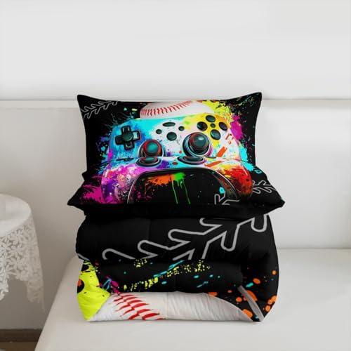 Erosebridal Gaming Bedding Set - Baseball Full Comforter Set, Watercolor Game Console Comforter Set, Rainbow Tie Dye Sports Bedding Set for Boys, Gamer Decor for Boys' Bedroom - Image 7