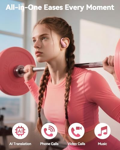 PocBuds Bluetooth Headphones Wireless Earbuds 80hrs Playtime Wireless Charging Case Digital Display Sports Ear Buds with Earhook Deep Bass IPX7 Waterproof Over-Ear Earphones for TV Phone Laptop Pink - Image 6