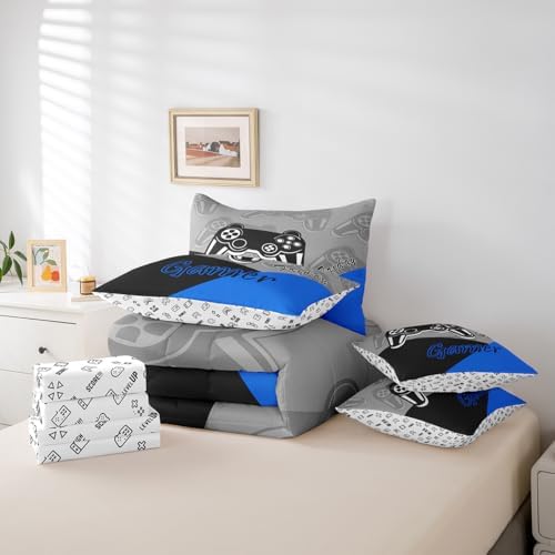 Feelyou Gaming Bed in a Bag for Boys Teen Video Game 7 Piece Bedding Set King Size for Kids Gamer Comforter Set with Sheets for All Season Gamepad Home Decor Bed Set Blue Black Grey - Image 5