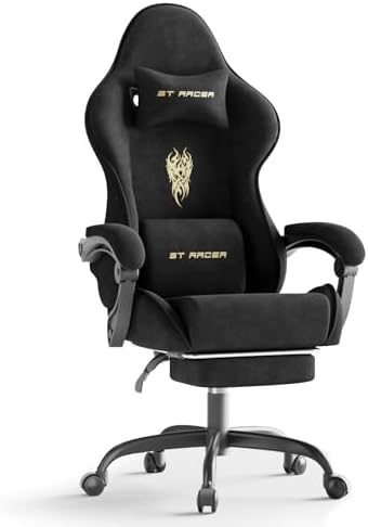 Ferghana Velvet Fabric Gaming Chair, High Back Ergonomic Gamer Chair for Adult, Comfortable Video Game Chair with Footrest and Massage Lumbar Cushion, Racing Reclining Office Computer Desk Chair Black by FerghanaGamingChair
