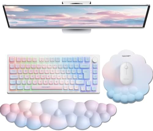 TECKNET Cloud Wrist Rest & Ergonomic Mouse Pad, Cloud Keyboard Wrist Rest with Non-Slip Base, PU Leather Memory Foam Wrist Pad for Keyboard and Mouse, Pain Relief for Typing, Gaming, Rainbow by Tecknet