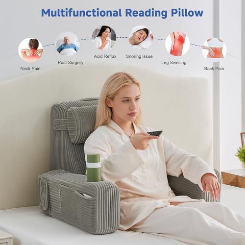 Reading Pillow for Bed, Back Pillow for Bed Sitting Up, Bed Pillows for Sitting Up with Adjustable Armrests, Cup Holder & Large Pocket, Backrest Cushion for Reading, Watching TV (Grey, 4PCS) - Image 4