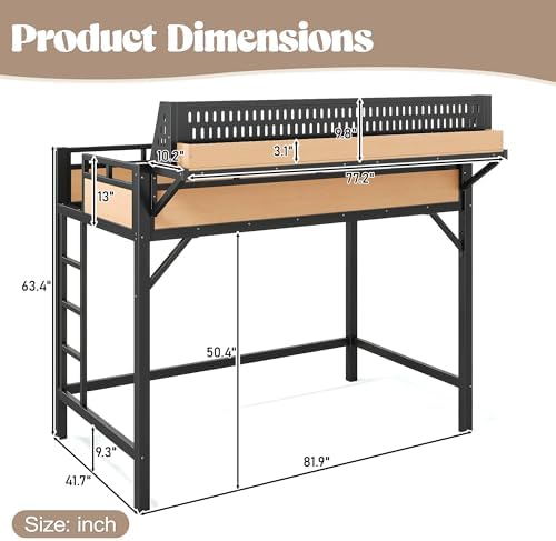 KEIKI Twin XL Loft Bed Frame with Storage Shelves & Pegboard, Metal Loft Bed with USB Ports and LED Lights, Space Saving Loft Bed for Kids Teens Dorm Rooms Apartments Gaming Setup & Small Bedrooms - Image 2