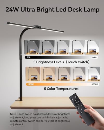 LED Desk Lamp for Home Office - 24W Eye-Caring Architect Clamp Light for Dual Monitors, Bright Task Light with USB Port, Touch Dimming, 5 Colors & 50 Modes, Flexible Gooseneck for Read, Study, Craft - Image 3