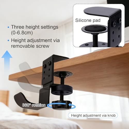 Heavy Duty Desk Hook Clamp, Carbon Steel 360° Rotating Under Desk Headset Stand Holder Clamps Adjustable Hook Clamp on Hanger Office Gaming Accessories for Headphone Purse Umbrellas (Black) - Image 4