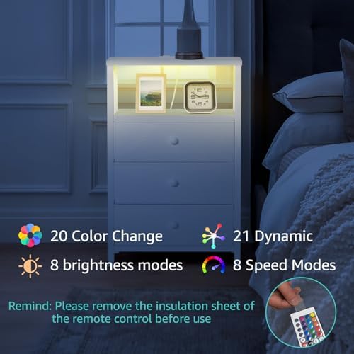 BOLUO White Night Stand with 3 Fabric Drawers, Nightstand with Charging Station LED Nightstand for Bedroom, Bedside Table with USB Ports and Outlets Modern - Image 6