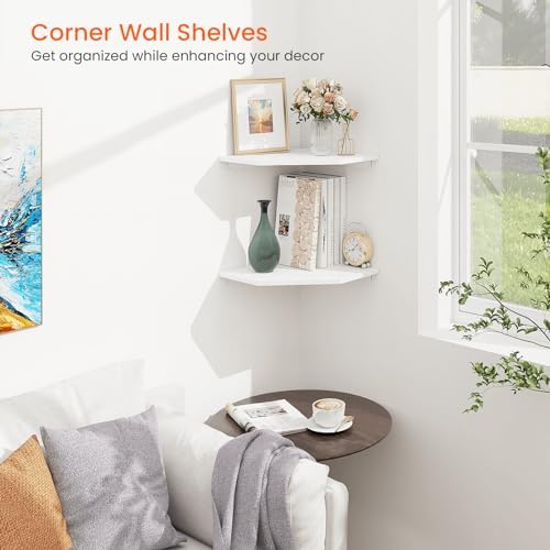 Homode Corner Shelf Wall Mount, Set of 2 Corner Floating Shelves with Cord Hole for Speaker, Cable Box, 2 Tier Wood Hanging Storage Shelf for Bathroom Living Room Bedroom, White - Image 2