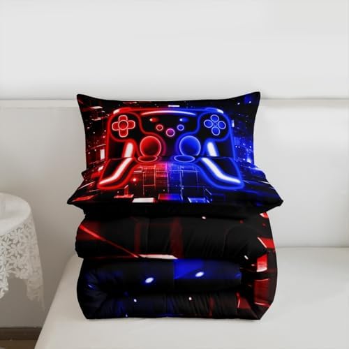 Gamer Comforter Set Gaming King Bedding Set, Neon Lights Video Game Console Comforter Red Blue Brick Cube Duvet Insert,Gaming Room Decor for Boys - Image 7