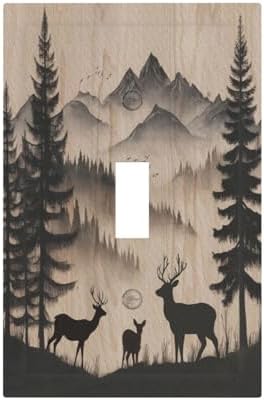 Decorative Light Switch Covers Rustic Black Deer Elk Brown Wood Board Pine Tree Single Toggle Light Switch Cover Plate 1 Gang Outlet Covers Wall Plate Electrical Device Dimmer Switchplate by JOOJIAO