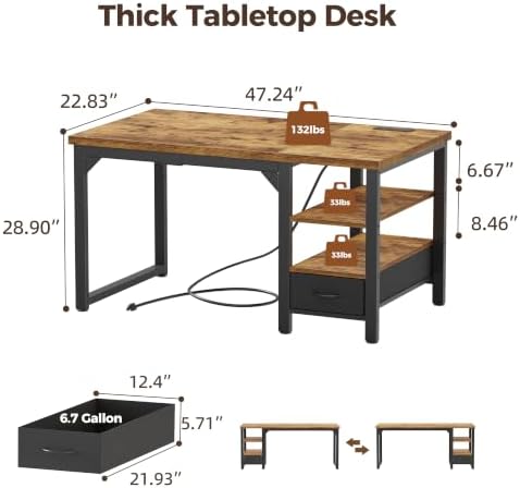 Mericonia 48" Reversible Computer Desk with Drawer, 1.2" Thick Office Desk - Image 2